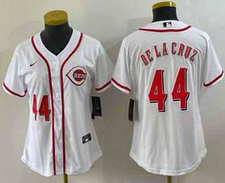 Women%27s Cincinnati Reds #44 Elly De La Cruz Number White With Patch Cool Base Stitched Jersey